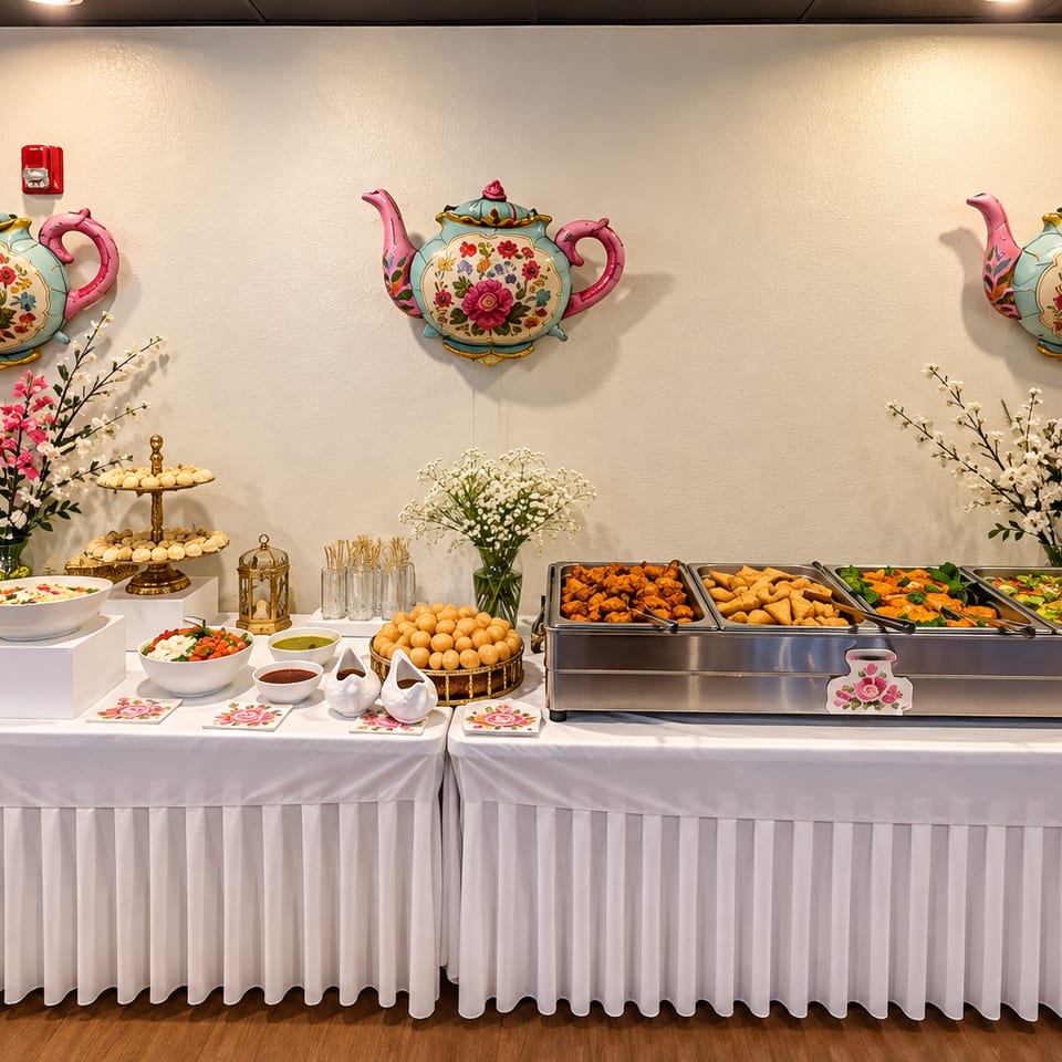 Tea party buffet with floral teapot decorations at Kabob Cafe & Grill.