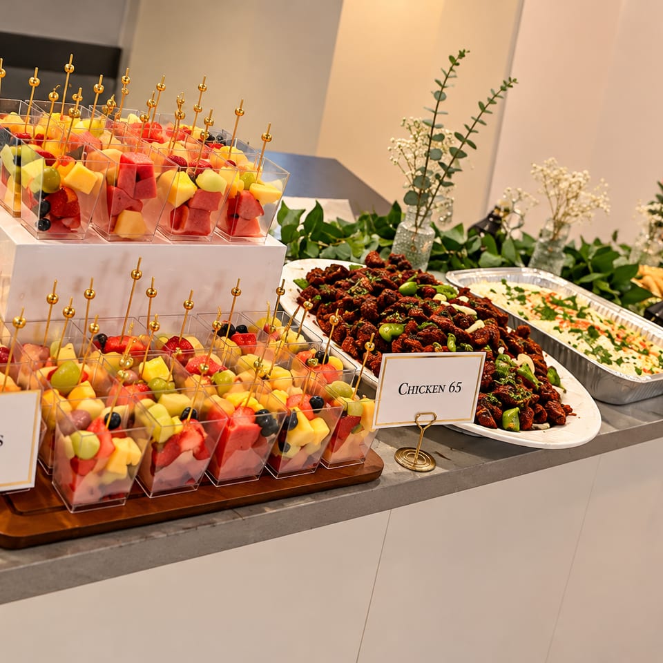 Buffet counter with mixed fruit cups, Chicken 65, and greenery at Kabob Cafe & Grill.