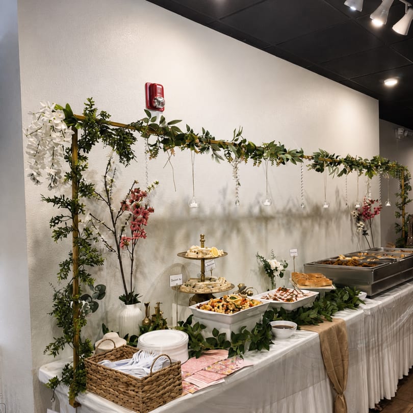 A buffet table with various dishes, decorated with greenery, flowers, and hanging glass candle holders.